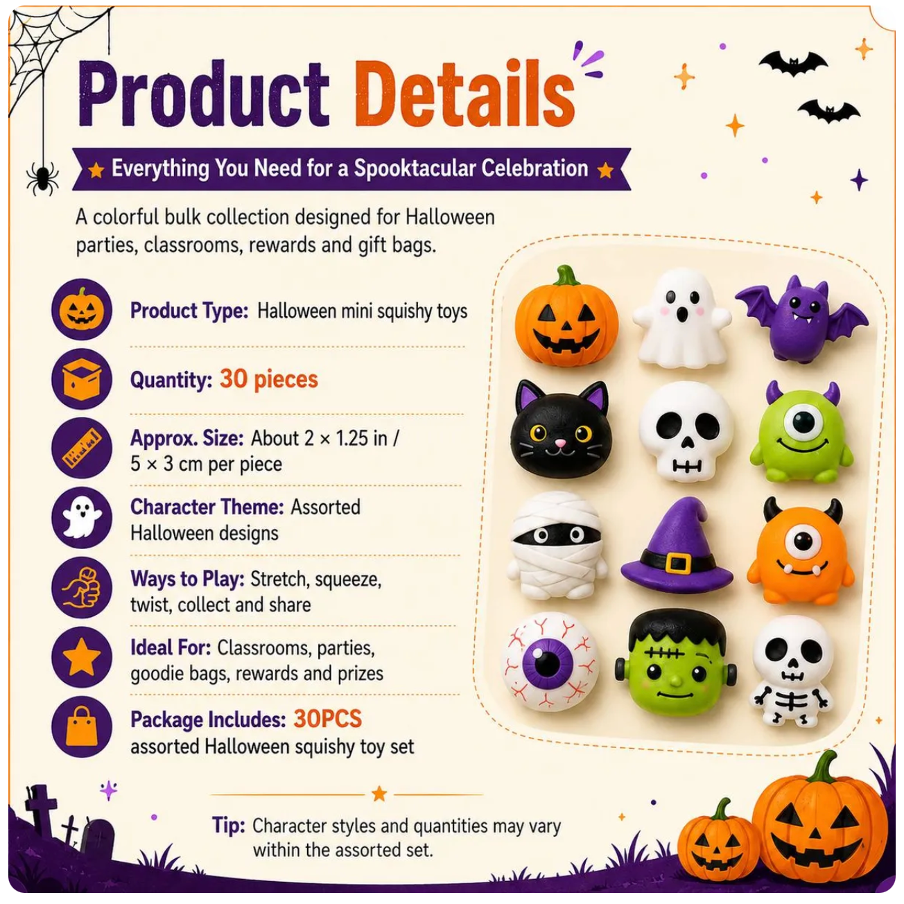 🔥 Last Day 60% OFF — 30PCS Halloween Mochi Squishy Toys | Random Styles | Party Favors